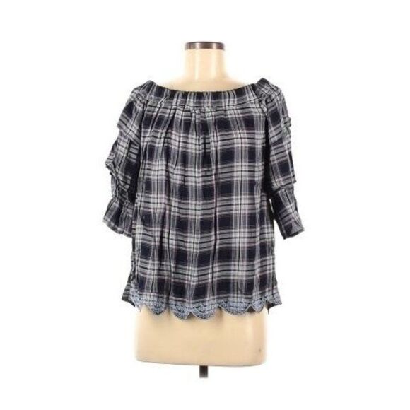 Francesca's Blue Rain Plaid Off Shoulder Ruffle Sleeve Blouse Navy Medium NWT - Picture 1 of 6